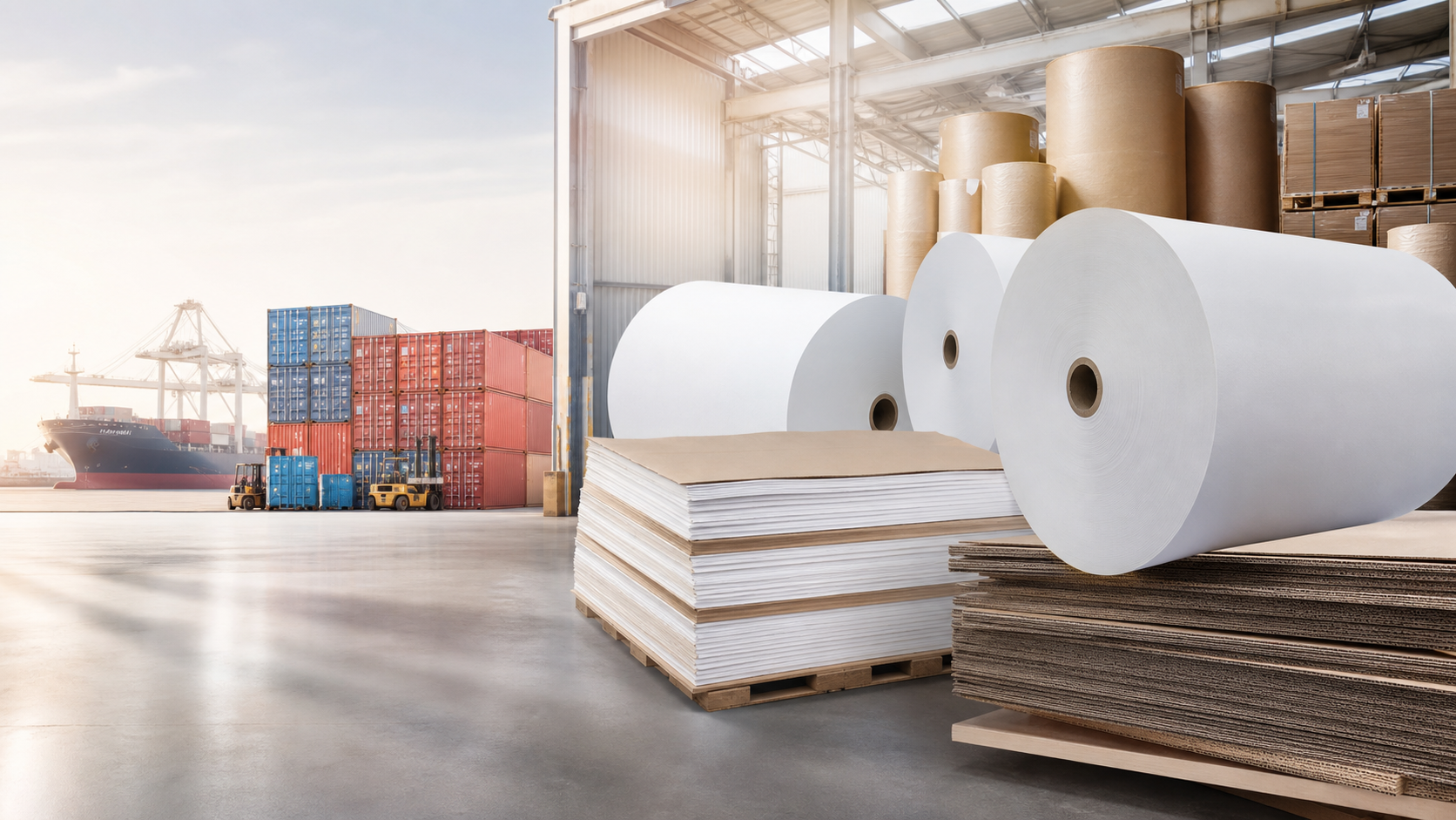 Paper rolls, paperboard stacks and shipping containers representing Regal’s trade network