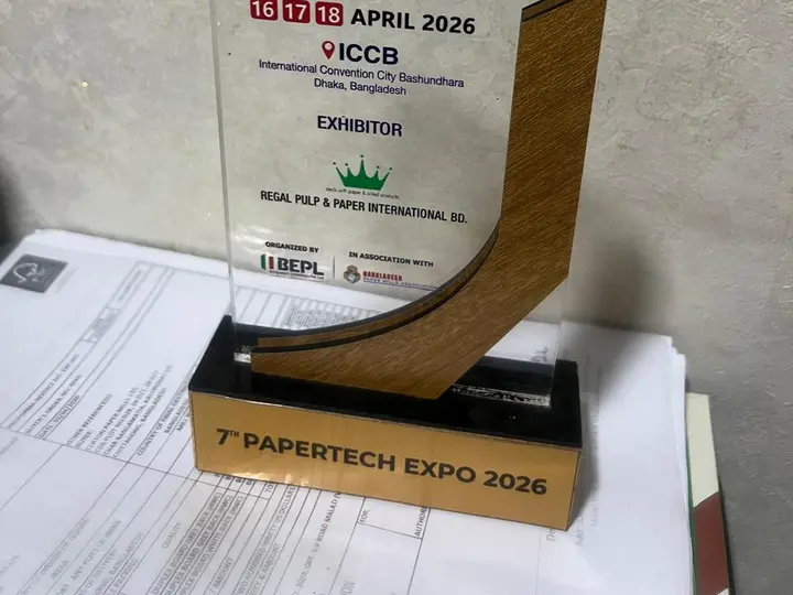 Papertech Expo 2026 photo showing exhibitor recognition and event award moment for Regal Pulp & Paper International BD